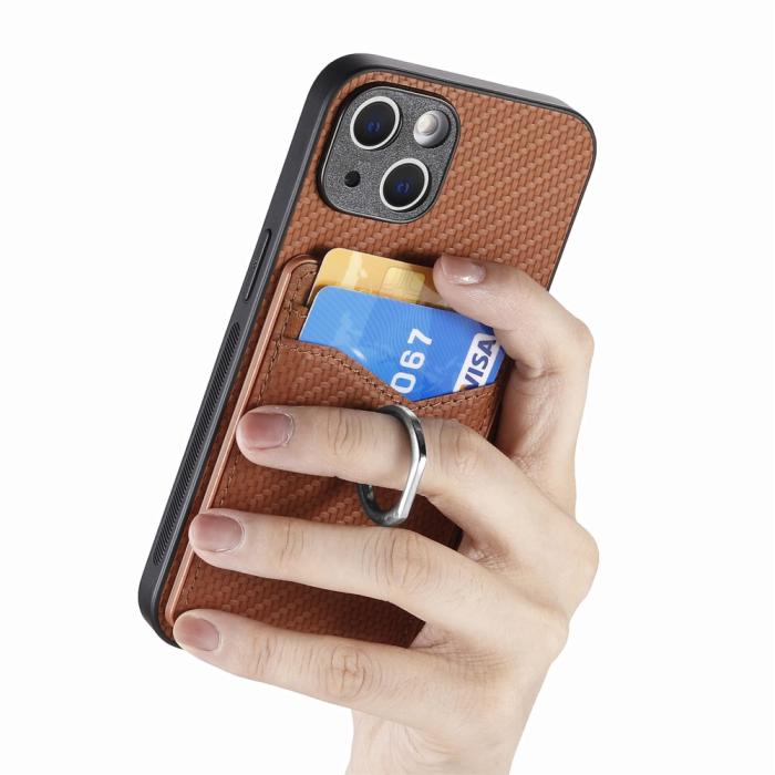 Bild 4,  iPhone 15 Plus Skal Kolfiber Textur Ring Kortfack Brun - Teknikhallen.se