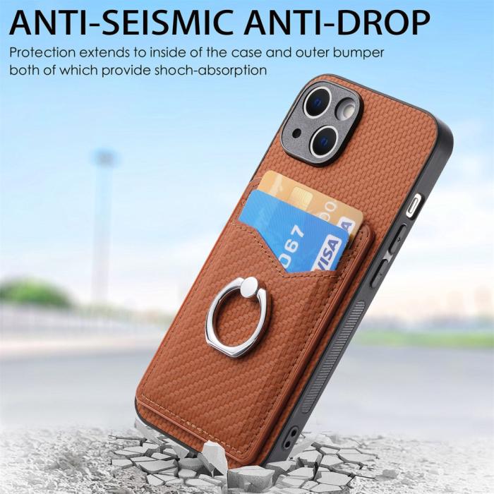 Bild 5,  iPhone 15 Plus Skal Kolfiber Textur Ring Kortfack Brun - Teknikhallen.se