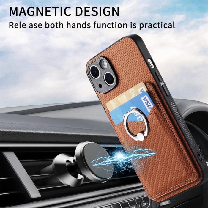 Bild 6,  iPhone 15 Plus Skal Kolfiber Textur Ring Kortfack Brun - Teknikhallen.se