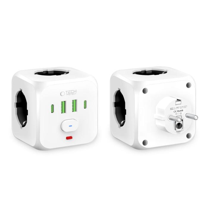 Bild 2, Tech-Protect Tech-Protect Grendosa Med 3x Eluttag 2x USB-C + 2x USB-A Vit - Teknikhallen.se
