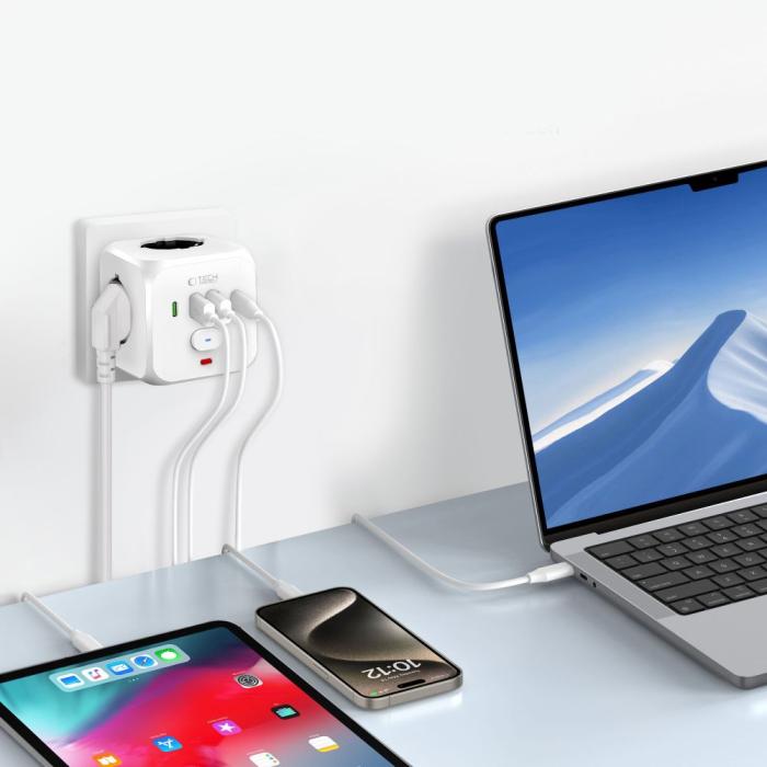 Bild 3, Tech-Protect Tech-Protect Grendosa Med 3x Eluttag 2x USB-C + 2x USB-A Vit - Teknikhallen.se