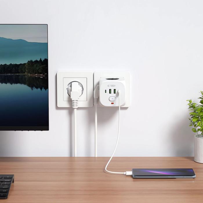 Bild 4, Tech-Protect Tech-Protect Grendosa Med 3x Eluttag 2x USB-C + 2x USB-A Vit - Teknikhallen.se