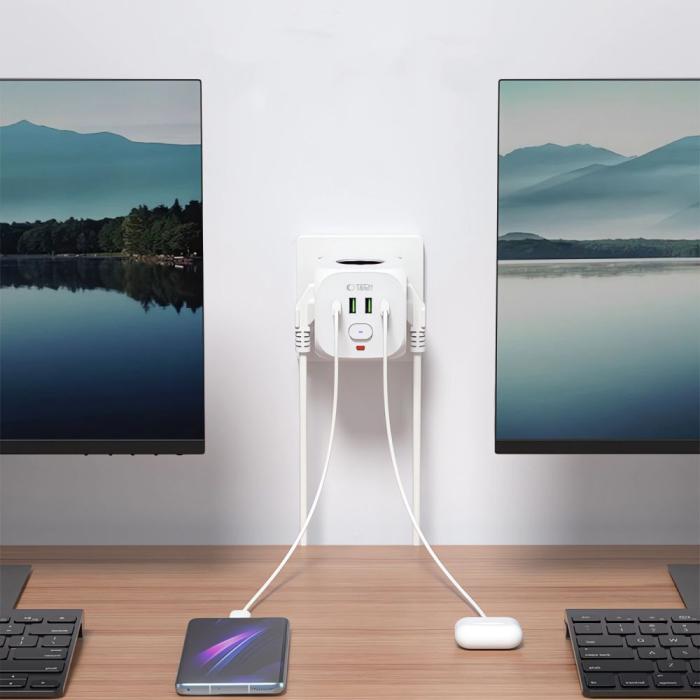 Bild 5, Tech-Protect Tech-Protect Grendosa Med 3x Eluttag 2x USB-C + 2x USB-A Vit - Teknikhallen.se