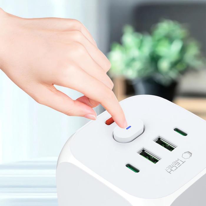 Bild 6, Tech-Protect Tech-Protect Grendosa Med 3x Eluttag 2x USB-C + 2x USB-A Vit - Teknikhallen.se