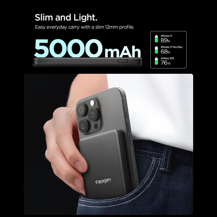 Bild 4, Spigen Spigen 5000 mAh 22.5W Qi2 MagSafe Powerbank Essential Svart - Teknikhallen.se
