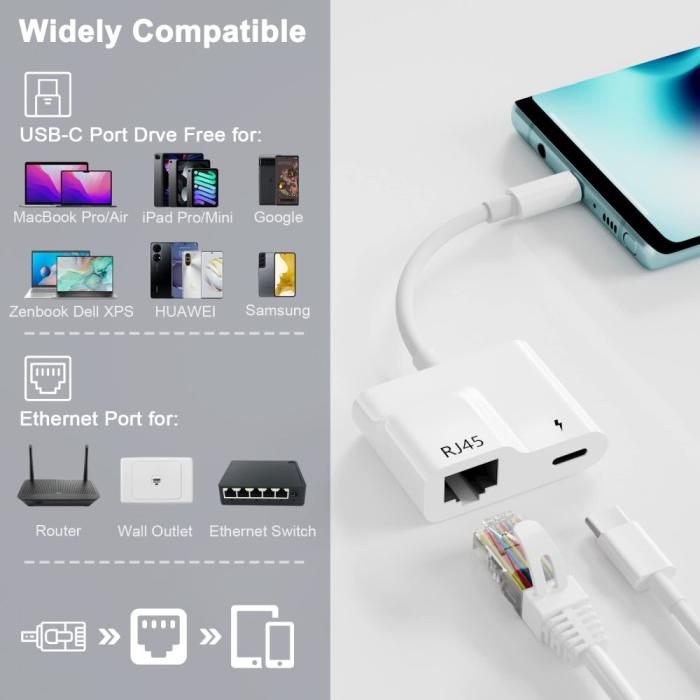 Bild 2,  2in1 60W USB-C Till RJ45 Ethernet Adapter Vit - Teknikhallen.se