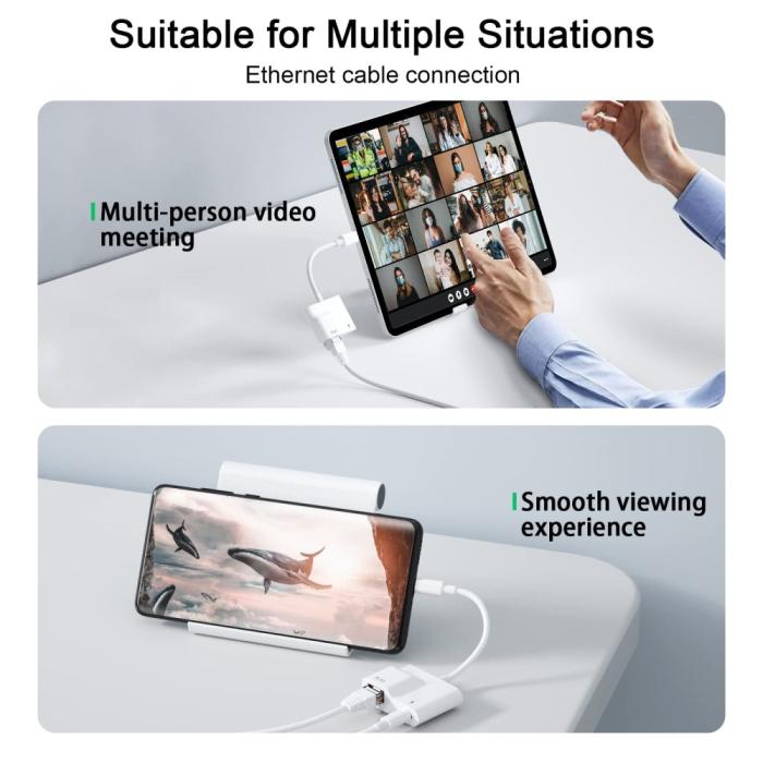 Bild 3,  2in1 60W USB-C Till RJ45 Ethernet Adapter Vit - Teknikhallen.se