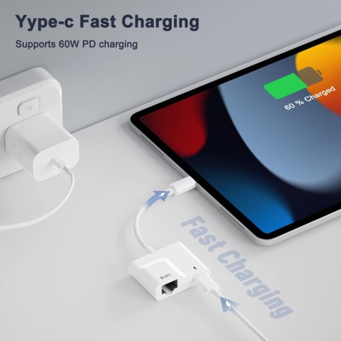 Bild 5,  2in1 60W USB-C Till RJ45 Ethernet Adapter Vit - Teknikhallen.se