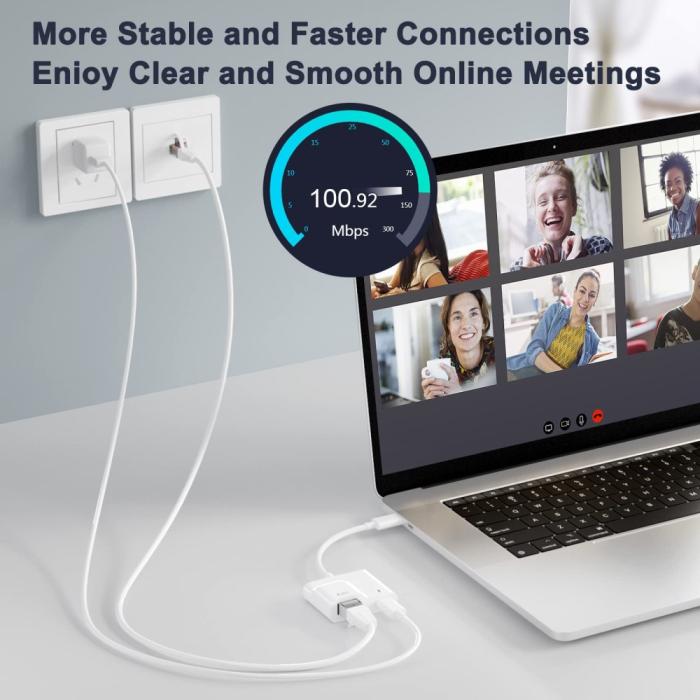 Bild 6,  2in1 60W USB-C Till RJ45 Ethernet Adapter Vit - Teknikhallen.se