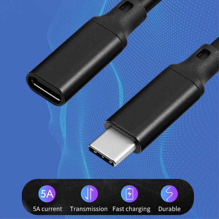 Bild 2,  3m USB-C Förlängningskabel PD 100W 5A Kabel Svart - Teknikhallen.se
