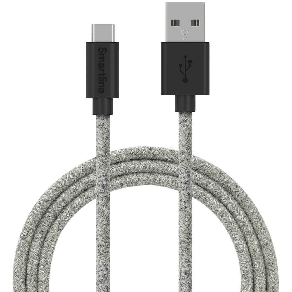 Smartline Smartline 2m 3A USB-C Fuzzy Laddningskabel Grå - Teknikhallen.se