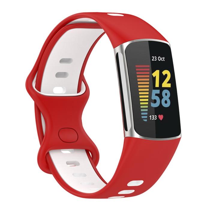 Bild 2,  Fitbit Charge 6 / 5 Armband Silikon Tvåfärgat Röd/Vit - Teknikhallen.se