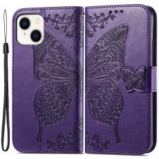  iPhone 15 Plus Fodral Med Fj&auml;ril Tryck Lila - Teknikhallen.se