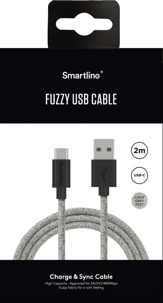 Smartline Smartline 2m 3A USB-C Fuzzy Laddningskabel Grå - Teknikhallen.se