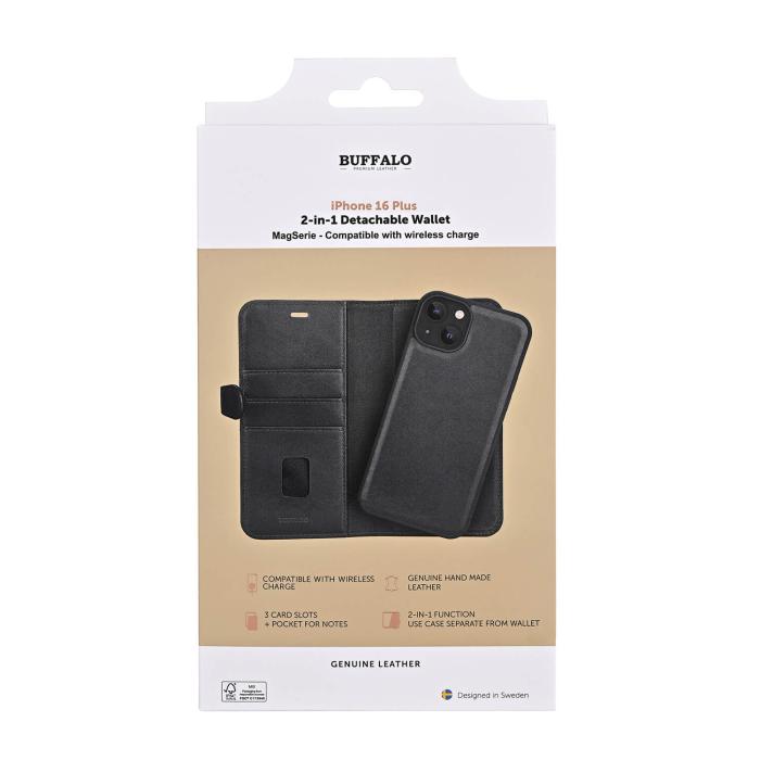 Bild 5, Buffalo Buffalo iPhone 16 Plus Fodral MagSafe 2in1 Äkta Läder Svart - Teknikhallen.se