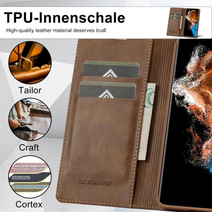 Bild 5, LC.IMEEKE LC.IMEEKE Galaxy S23 Fodral Flip Läder Brun - Teknikhallen.se
