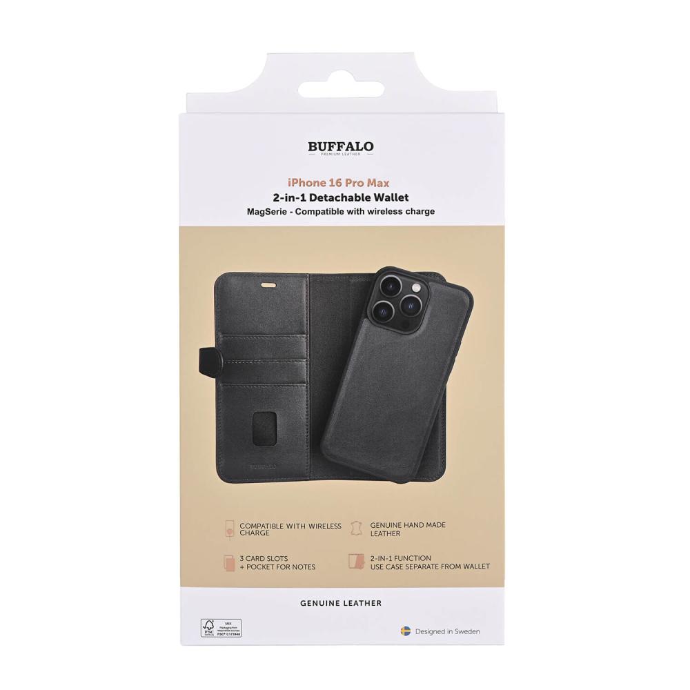 Buffalo Buffalo iPhone 16 Pro Max Fodral MagSafe 2in1 Äkta Läder Svart - Teknikhallen.se