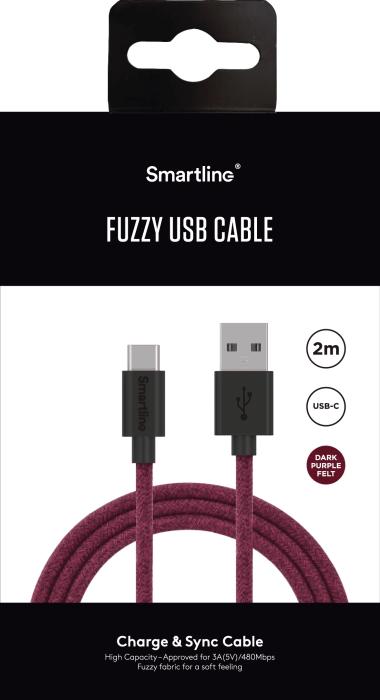 Bild 7, Smartline Smartline 2m 3A USB-C Fuzzy Laddningskabel Lila - Teknikhallen.se