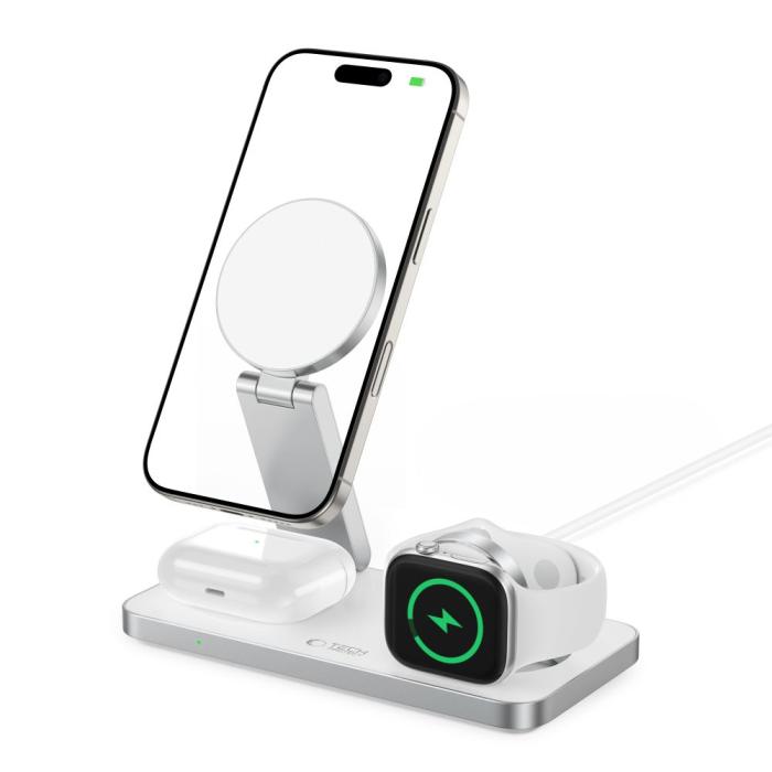 Bild 2, Tech-Protect Tech-Protect 15W Qi Trådlös 3in1 Magnetisk MagSafe Laddare Vit - Teknikhallen.se
