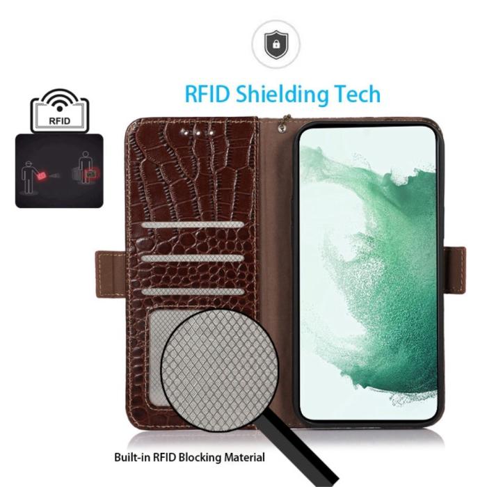 Bild 4,  Galaxy S23 Ultra Fodral RFID Äkta Läder Krokodil Textur Brun - Teknikhallen.se