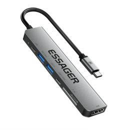 ESSAGER ESSAGER USB-C Hub 60W PD 7-Port Grå - Teknikhallen.se