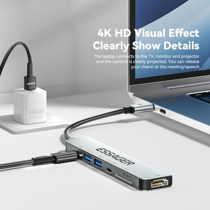 Bild 3, ESSAGER ESSAGER USB-C Hub 60W PD 7-Port Grå - Teknikhallen.se