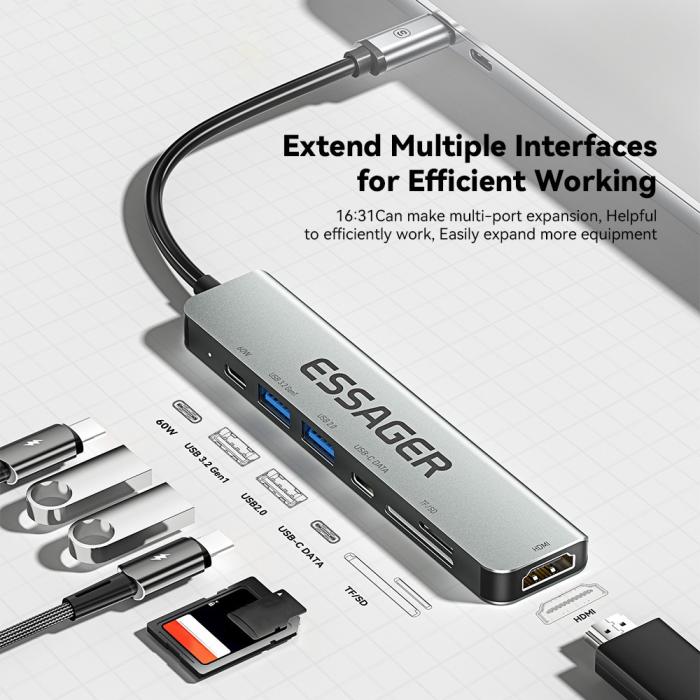 Bild 4, ESSAGER ESSAGER USB-C Hub 60W PD 7-Port Grå - Teknikhallen.se