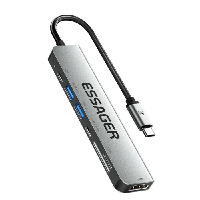 Bild 6, ESSAGER ESSAGER USB-C Hub 60W PD 7-Port Grå - Teknikhallen.se