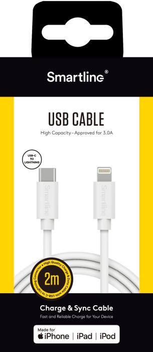 Bild 5, Smartline Smartline 2m USB-C - Lightning MFi Laddningskabel Vit - Teknikhallen.se