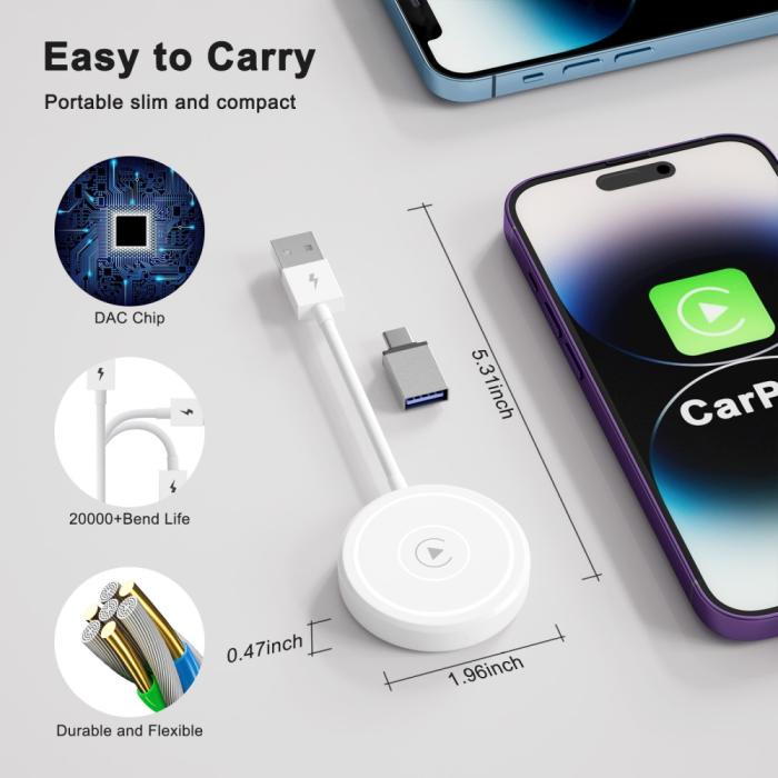 Bild 6,  Trådlös CarPlay Adapter För Trådbundna CarPlay Bilar Vit - Teknikhallen.se