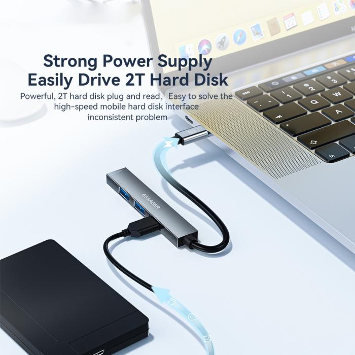 Bild 4, ESSAGER ESSAGER USB-C Hub 4x USB-A 2.0 Portar Aluminium Grå - Teknikhallen.se