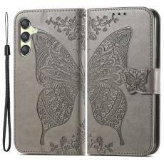  Samsung Galaxy A25 5G Fodral L&auml;der Big Butterfly Gr&aring; - Teknikhallen.se
