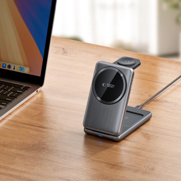 Bild 5, Tech-Protect Tech-Protect 3in1 15W Qi MagSafe Vikbar Laddare Space Grey - Teknikhallen.se