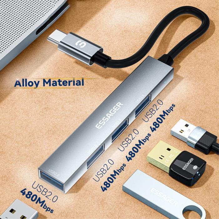 Bild 6, ESSAGER ESSAGER USB-C Hub 4x USB-A 2.0 Portar Aluminium Grå - Teknikhallen.se