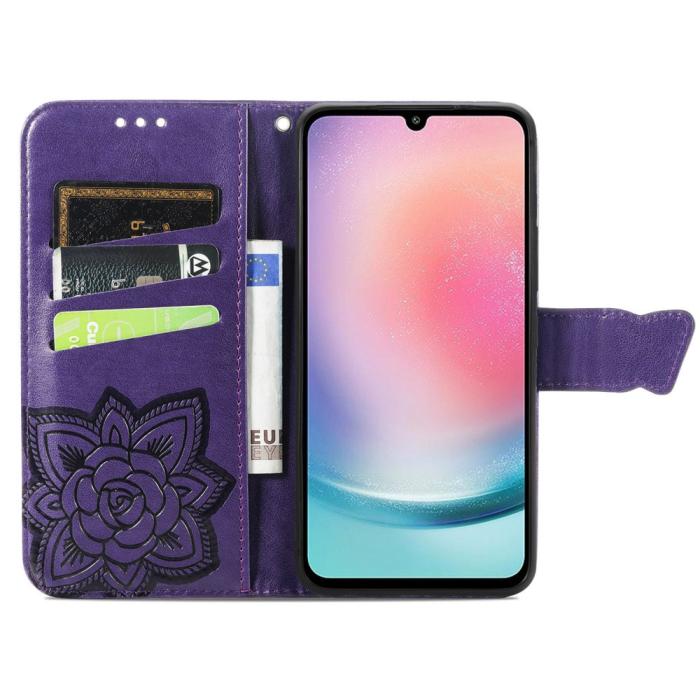 Bild 2,  Samsung Galaxy A25 5G Fodral Läder Big Butterfly Mörk Lila - Teknikhallen.se