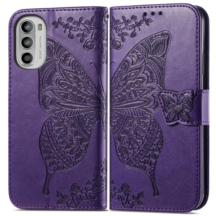 Bild 2,  Motorola Moto G52/G82 Fodral Fjäril Tryck Mörk Lila - Teknikhallen.se