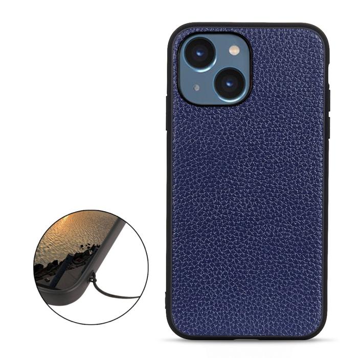Bild 2,  iPhone 15 Skal Äkta Läder Litchi Textur Blå - Teknikhallen.se