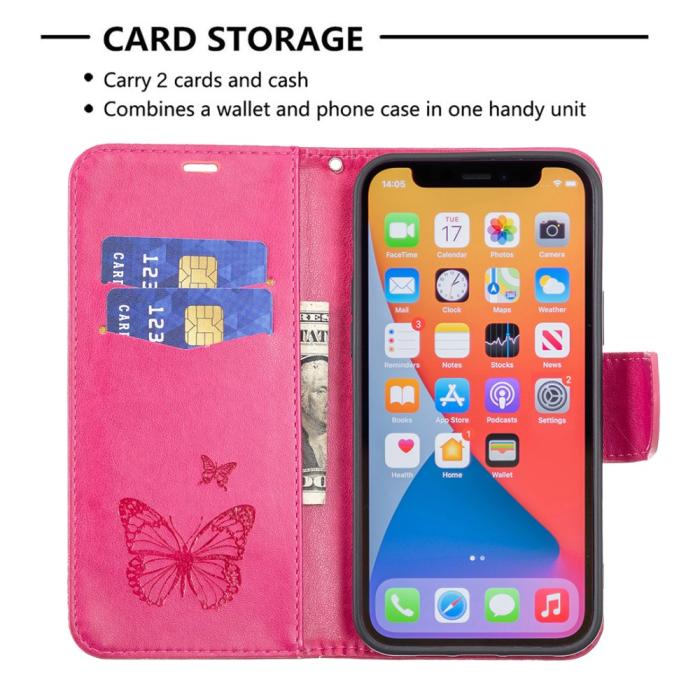 Bild 5,  iPhone 13 Pro - Butterfly Läder Fodral - Rosa - Teknikhallen.se