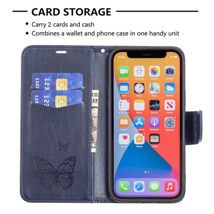 Bild 5,  iPhone 13 Pro - Butterfly Läder Fodral - Mörk Blå - Teknikhallen.se