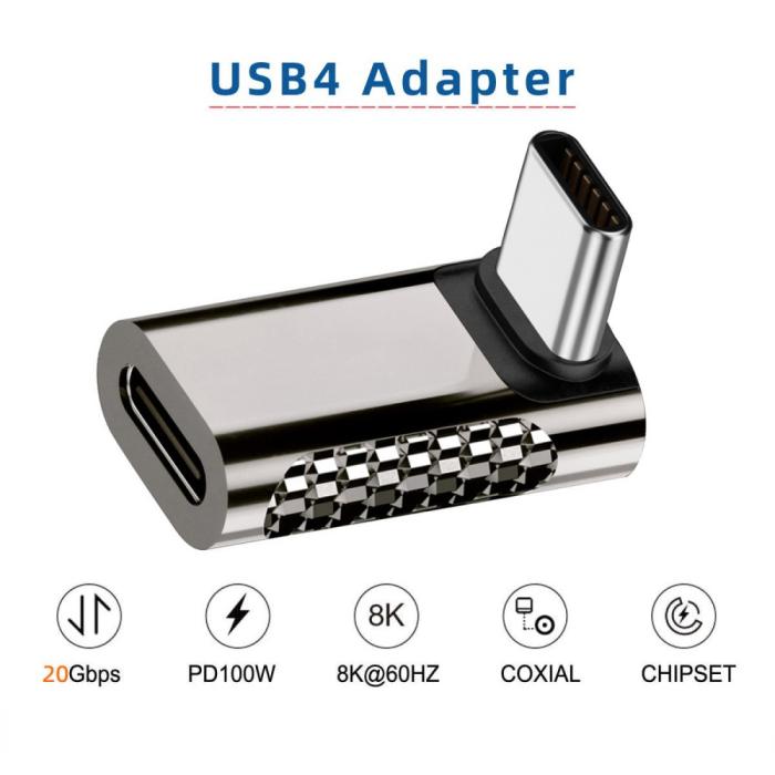 Bild 6,  100W USB-C Hane - USB-C Hona Adapter Elbow USB 4.0 Silver - Teknikhallen.se
