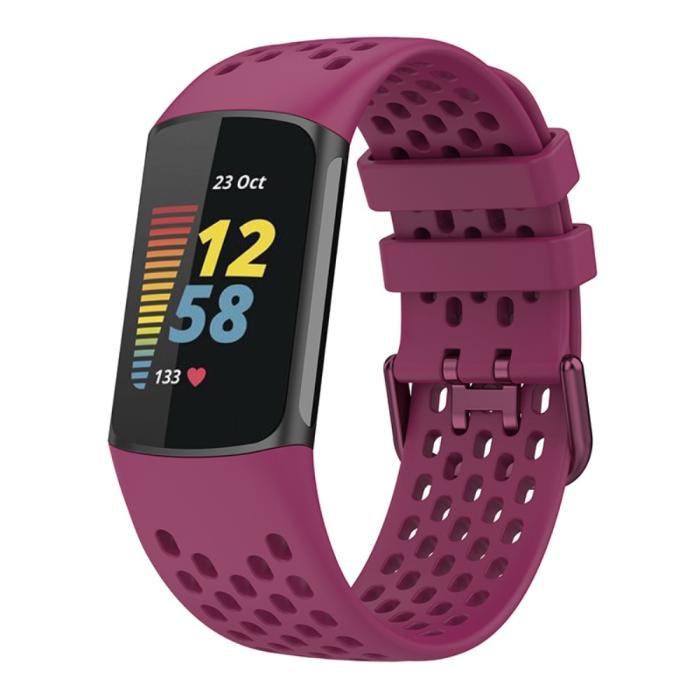 Bild 3,  Fitbit Charge 6 / 5 Armband Silikon Ihåligt Vinröd - Teknikhallen.se
