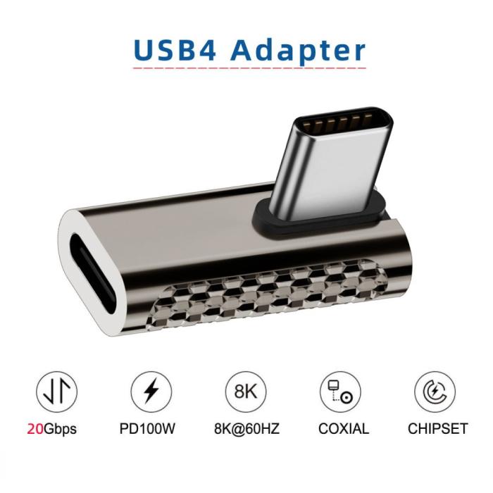 Bild 6,  100W USB-C Hane - USB-C Hona Adapter Elbow USB 4.0 Silver - Teknikhallen.se
