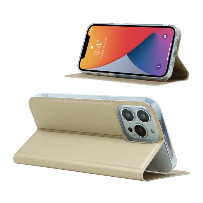 Bild 6,  iPhone 13 Pro - Silkeslent Läder Flip Fodral - Guld - Teknikhallen.se