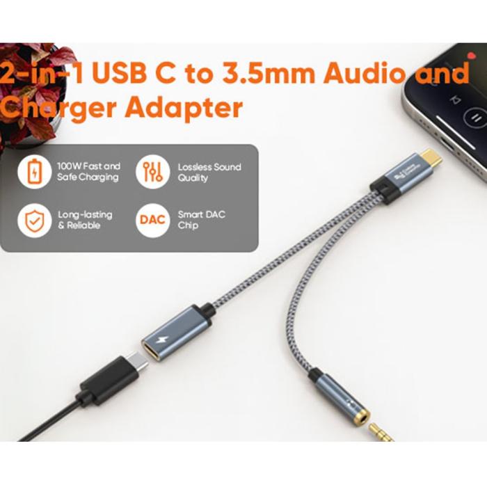 Bild 2, CableCreation CableCreation 60W PD 2in1 USB-C Till USB-C/AUX Adapter Grå - Teknikhallen.se