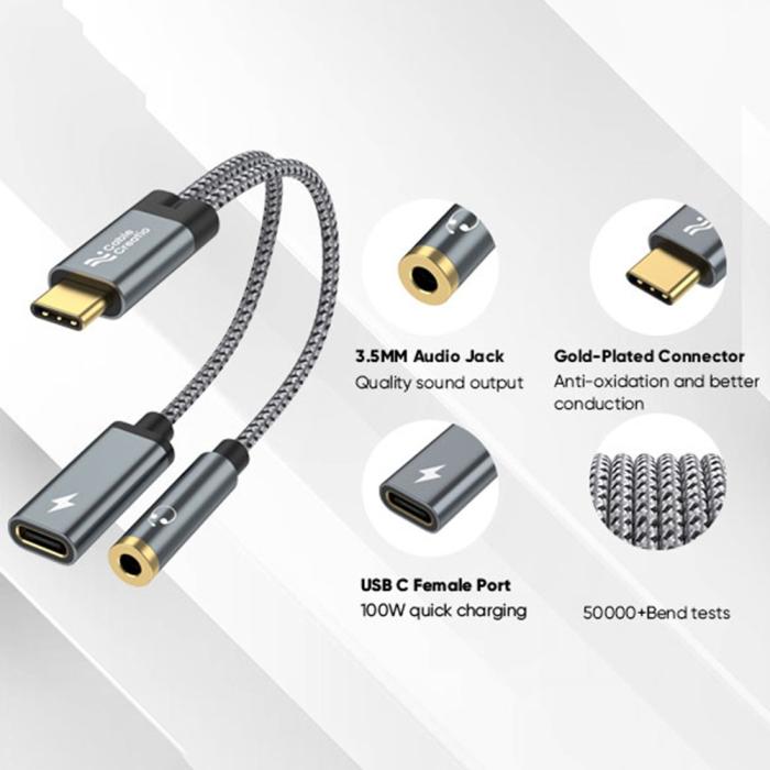 Bild 3, CableCreation CableCreation 60W PD 2in1 USB-C Till USB-C/AUX Adapter Grå - Teknikhallen.se