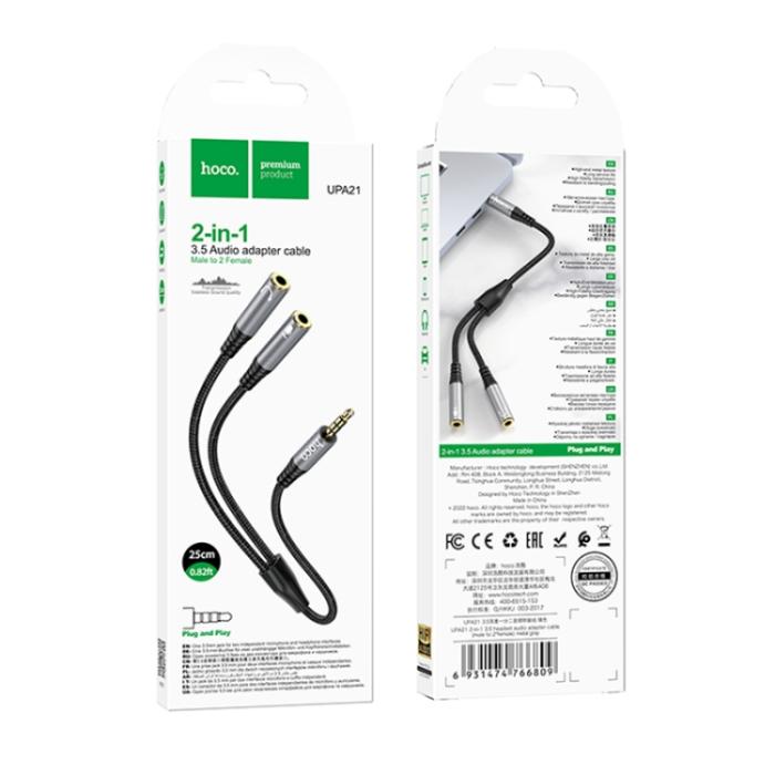 Bild 5, HOCO HOCO Split Adapter 3.5 mm Hane - 2x 3.5 mm Hona Grå - Teknikhallen.se