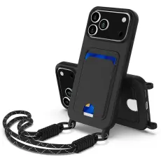  iPhone 17 Pro Skal Med Kortfack & Mobilsn&ouml;re Silikon Svart - Teknikhallen.se