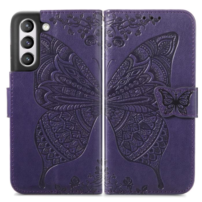 Bild 2,  Samsung Galaxy S21 FE Fodral Big Butterfly Läder Lila - Teknikhallen.se