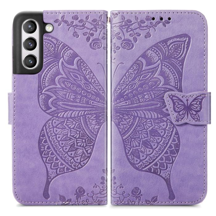 Bild 2,  Samsung Galaxy S21 FE Fodral Big Butterfly Läder Lila - Teknikhallen.se
