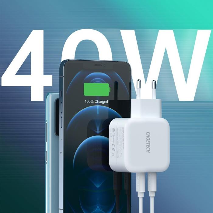Bild 3, Choetech Choetech 40W 3A 2x USB-C Power Delivery Snabbladdare - Vit - Teknikhallen.se